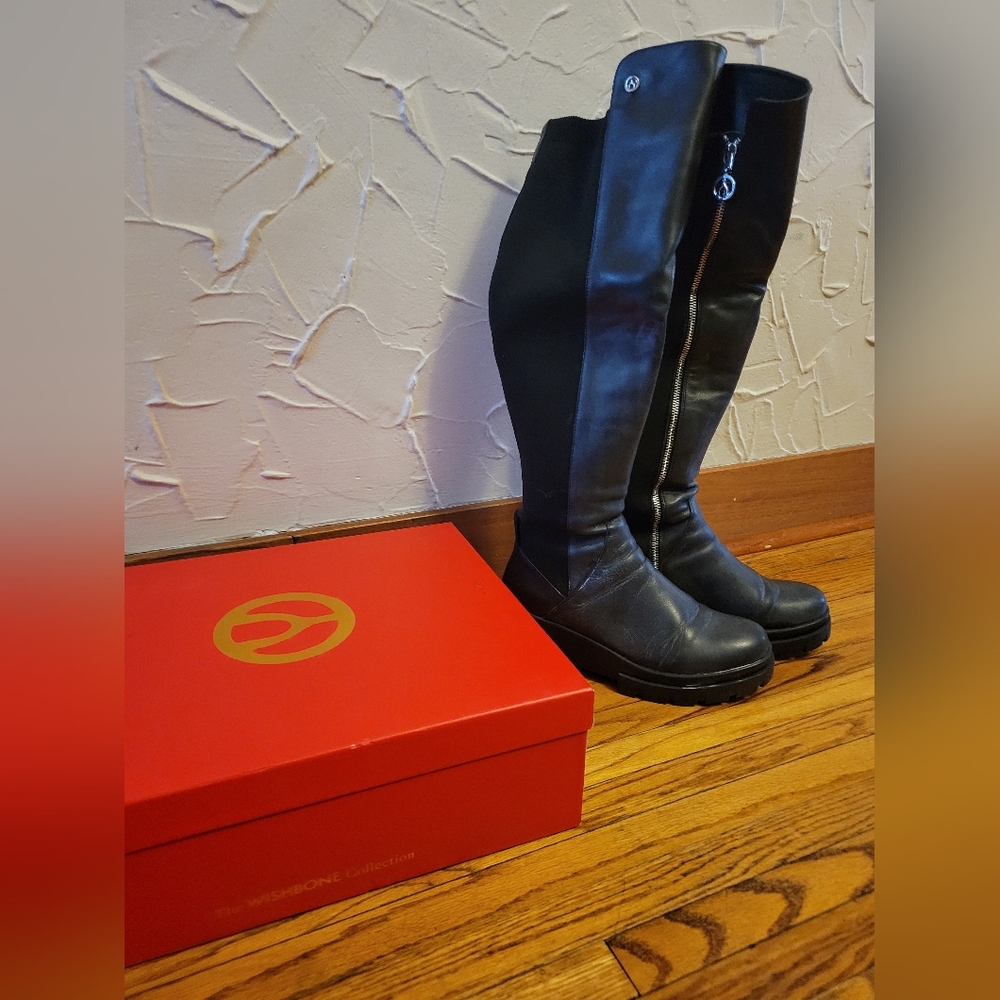 Sz 7.5 Wishbone Black Tall Leather Chunky Sole Boots